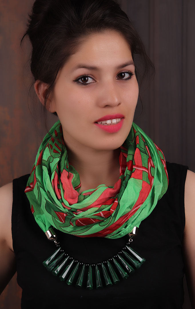 Green Red Printed Infinity Scarf Necklace