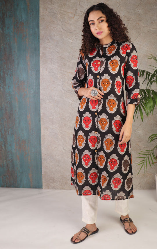 Kalamkari Faces Print Kurta In Black