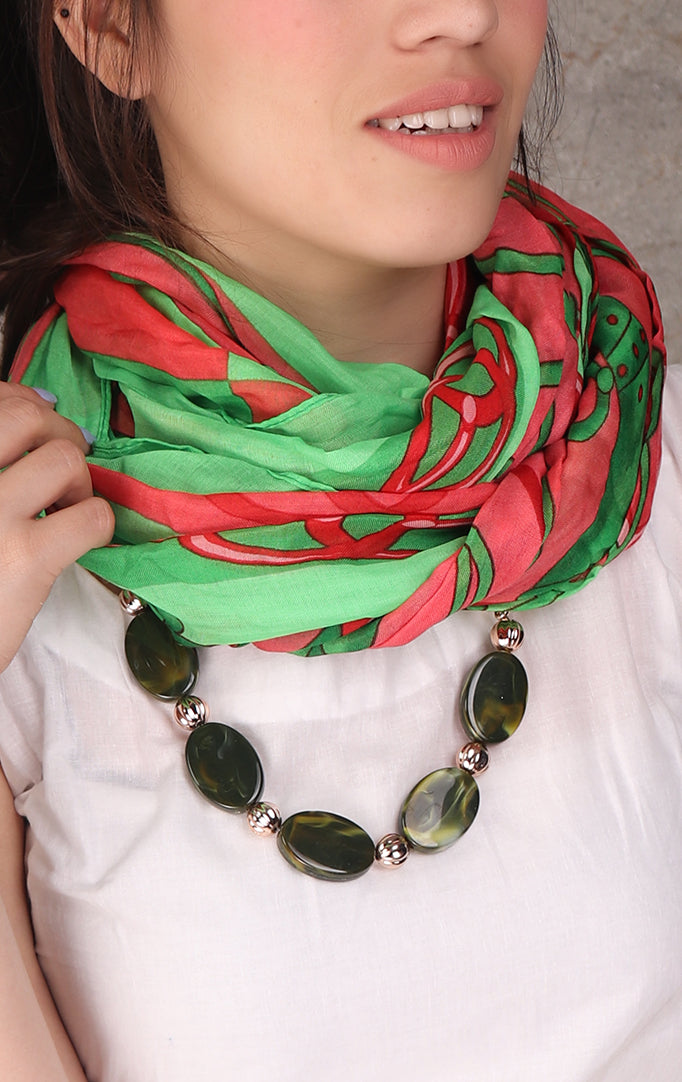 Green-Red Necklace Stole With Oval Beaded