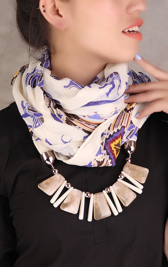 Cream Statement Beaded Necklace Embellished Stole with Elephant Print