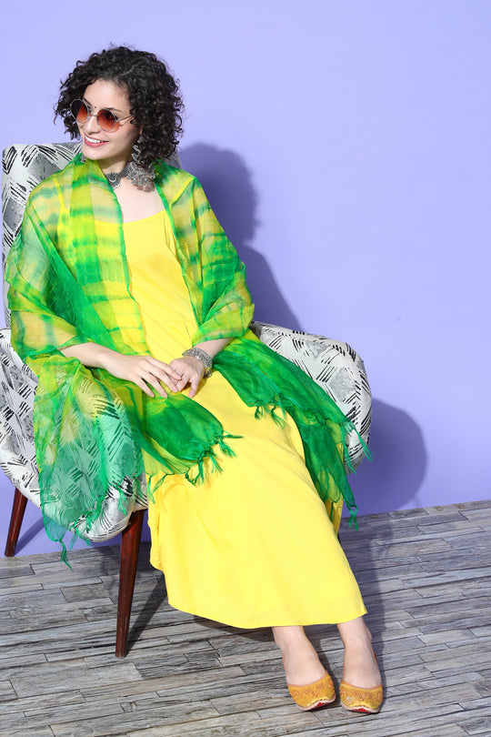 Yellow Strappy Kurta With Green  Dupatta