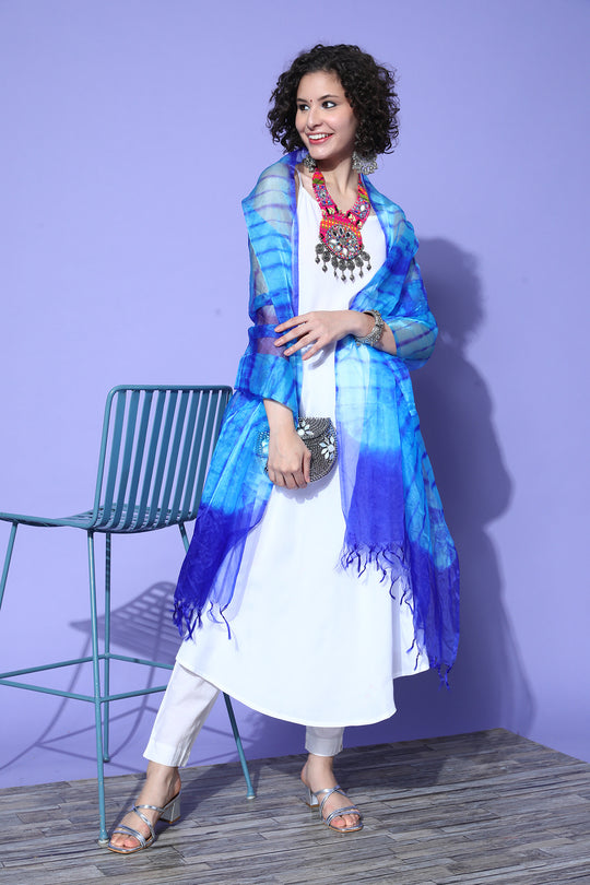 White Strappy Kurta With Blue  Dupatta